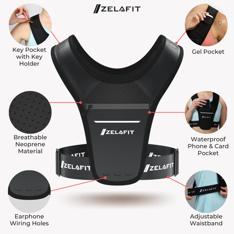 ZelaFit™ Running Vest for Women & Men Running Phone Holder – Perfect for Running Gear, Running Accessories, Running Essentials - Lightweight Chest Rig Phone Holder for Running (Black)