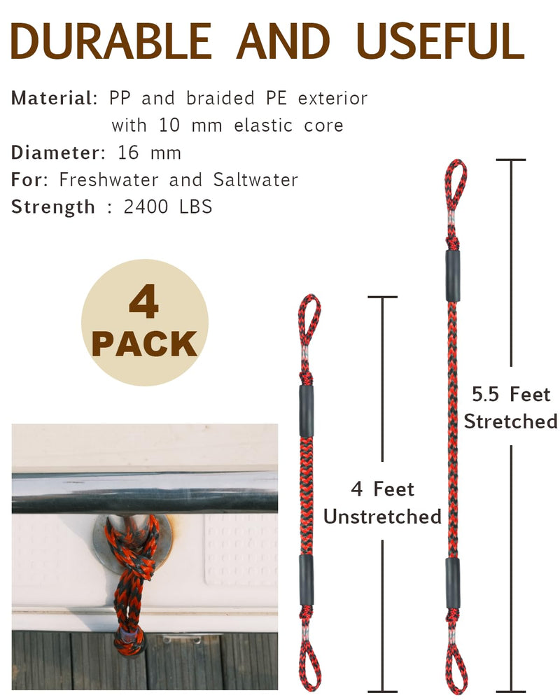 Bungee Boat Dock Line Mooring Rope Boat Accessories Docking Lines PWC Dockline for Boats Kayak, Jet Ski, Pontoon, Canoe, Power Boat WaveRunner, 4 Pack (Red&Black, 4-5.5) Red&Black - BeesActive Australia