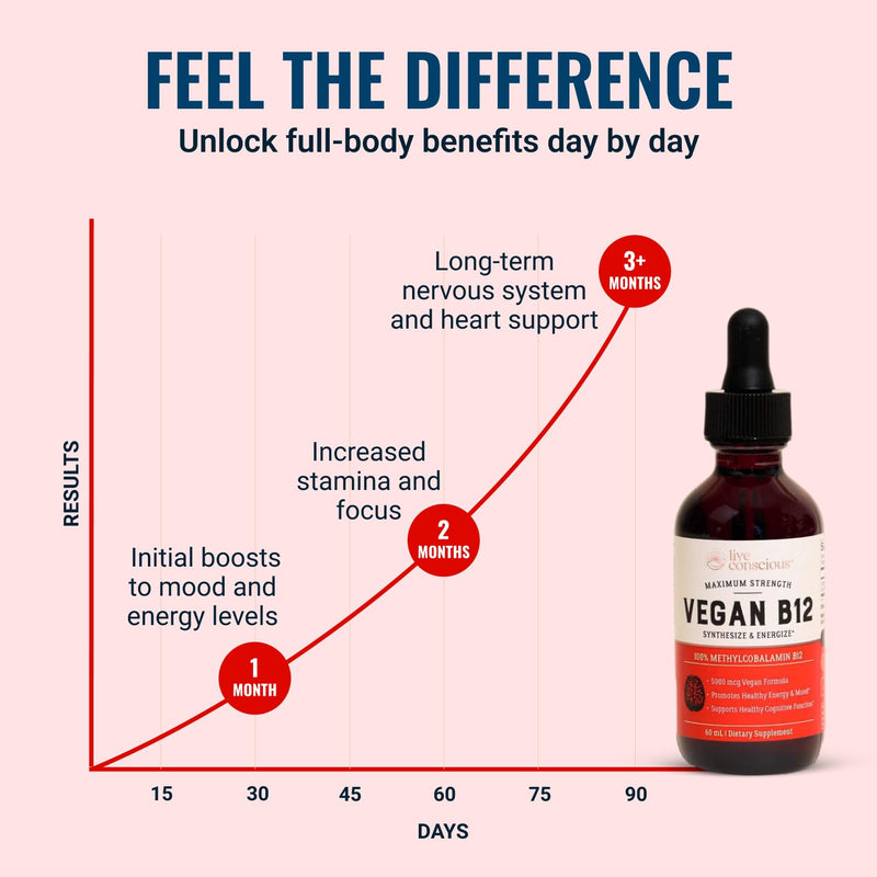 Live Conscious Vegan Vitamin B12 Sublingual Liquid Drops | Methylcobalamin Max Strength B12 5000mcg Formula | Vegan B 12 Vitamin Support Energy | Promote Memory & Aid Immune System | 60 Serving 2 Fl Oz (Pack of 1)
