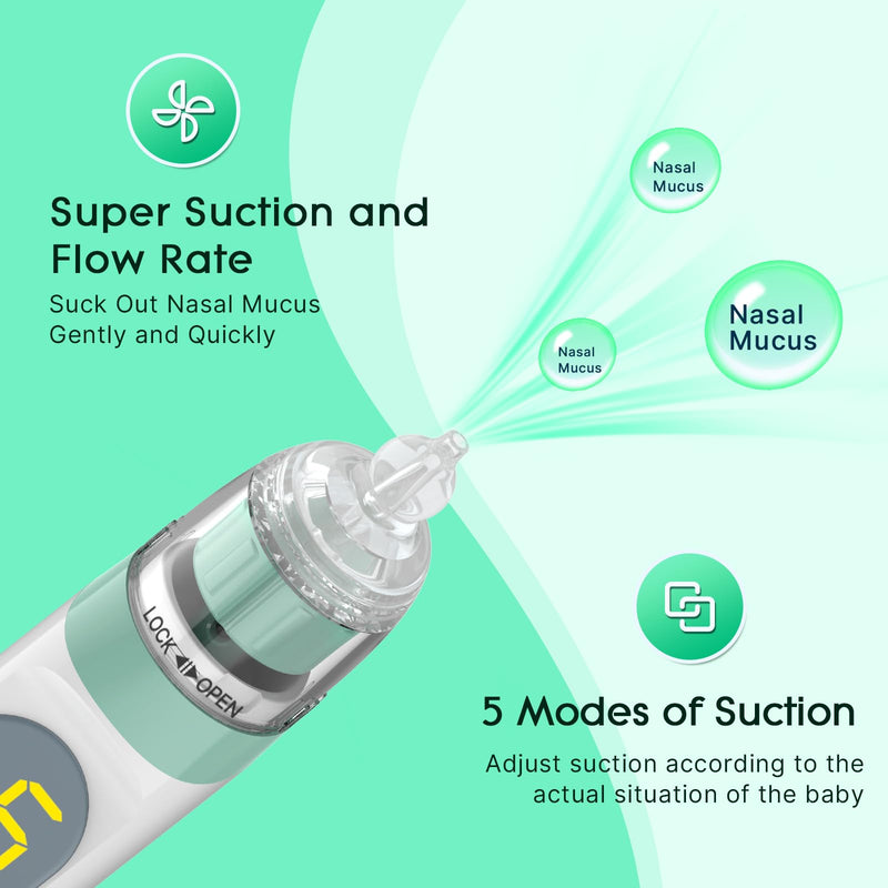 Electric Nasal Aspirator for Baby, Nose Aspirator for Toddlers, Waterproof Baby Nose Sucker, Nose Cleaner with 3 Silicone Tips, Adjustable Suction Level, Music and Light Soothing Function,Green Green