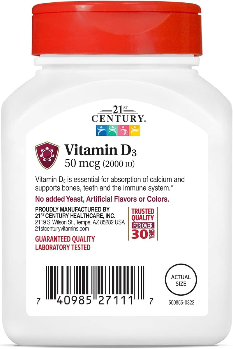 21st Century Vitamin D3 2000 IU Tablets, Bone & Immune, 110 Count | Vitamin D3 2000 IU Tablets, Bone Health & Immune System Support & Calcium Absorption, No Artificial Colors or Preservatives 110 Count (Pack of 1)