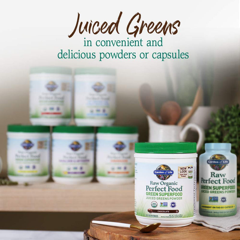Garden of Life Raw Organic Perfect Food Green Superfood Juiced Greens Powder - Chocolate, 30 Servings - Non-GMO, Gluten Free, Vegan Whole Food Dietary Supplement, Plus Probiotics & Enzymes | Juiced Cereal Grasses, Plant Based Green Supplements for Immu...