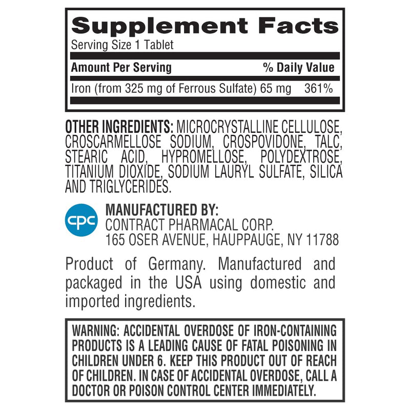 Earth's Splendor Iron 65mg USP Ferrous Sulfate 325mg Tablets 90 Count | Supports Energy Production Oxygen Transportation Healthy Blood Daily Supplement Three Month Supply 90 Tablets Iron 65 mg