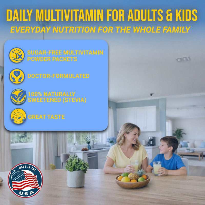 Dr. Price's Vitamins Multivitamin Powder, Vitamin C, Orange Tropical, 30pk | Daily Supplement Drink Mix, Vitamin D3, B12 & B Complex, Minerals, Sugar Free, Made in USA, Doctor-Formulated