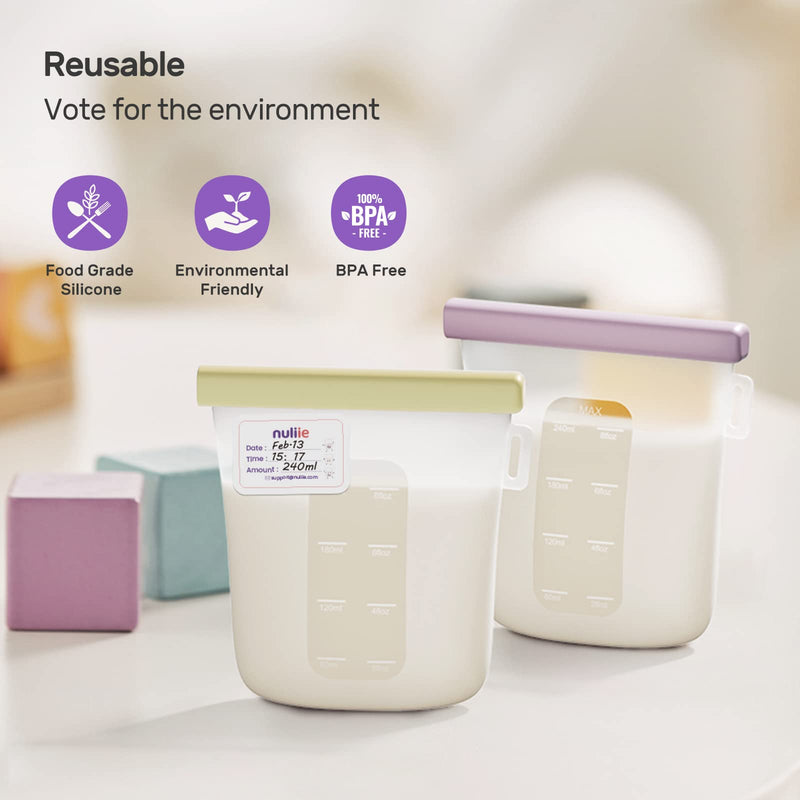 Nuliie 7 Pcs Silicone Breastmilk Storage Bags Reusable, 8oz/240ml Double Leak-Proof Breastmilk Freezer Bags, BPA Free Self-Standing Milk Bags for Breastfeeding, Baby Food Pouches Color 7 Count - BeesActive Australia
