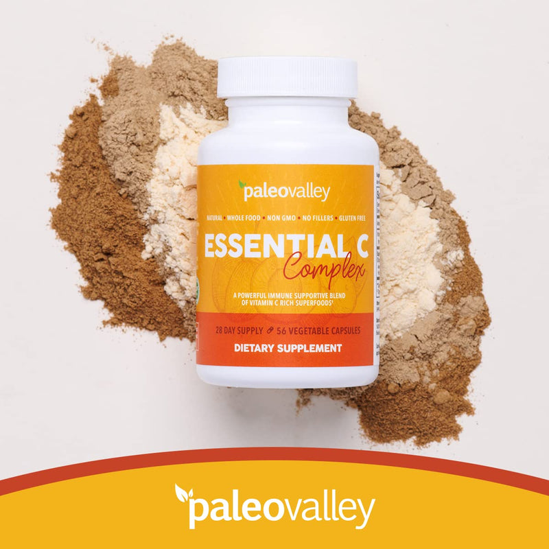 Paleovalley Essential C Complex - Vitamin C Supplement for Immune Support - 1 Pack, 450mg - Organic Superfoods Unripe Acerola Cherry, Camu Camu, Amla Berry - No Synthetic Ascorbic Acid - USA Made 56 Count (Pack of 1) - BeesActive Australia