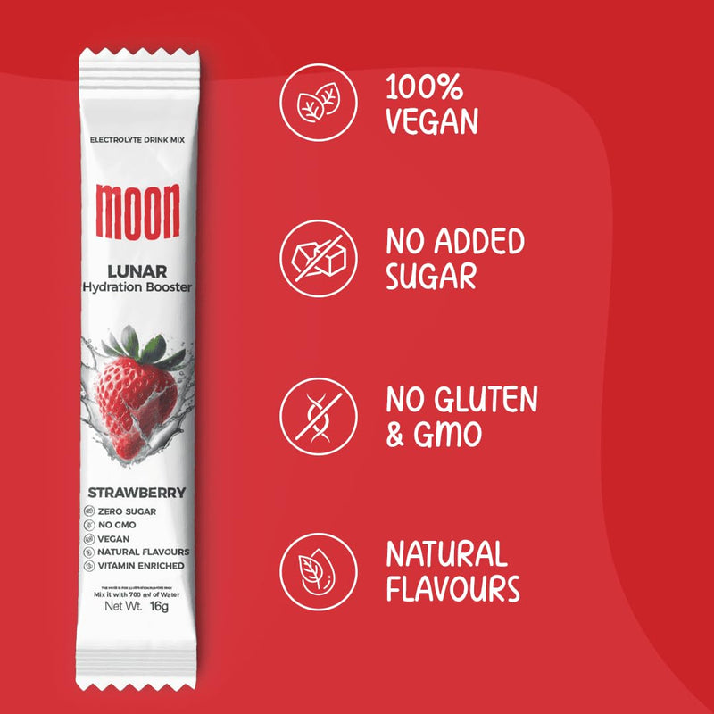 MOON Lunar Strawberry Hydration Booster Energy Drink Mix Natural & Healthy Electrolytes Mix Instant Daily Hydration & Energy Boost Post Workout Energy Powder Pack of 3(16g X 18 Sachets) 10.16 Ounce (Pack of 1)