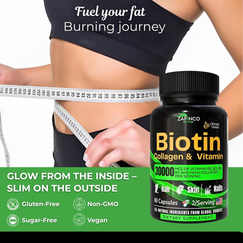 ZAFiNCO- BIOTIN Capsule for Women and Men. 30000 mcg Biotin+Collagen, Hyaluronic Acid and Multivitamin Formula for Anti Aging,Glowing Skin, Long Hair and Nails. 60 Capsule-USA