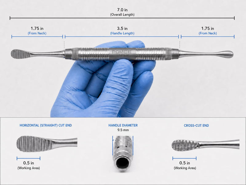 Pomee Miller Bone File #21, Surgical Instrument for Bone Contouring in Dental Procedures, Double-Ended (Cross-Cut & Smoothing Ends), Lightweight 9.5mm Hollow Handle, 702-210