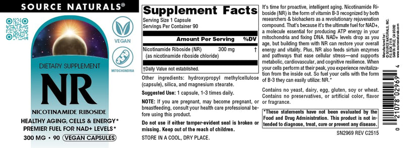Source Naturals NR, Nicotinamide Riboside, 300 mg - 90 Vegan Capsules | Premier Fuel for NAD+ Levels | for Mitochondria, Healthy Aging, Cells & Energy*