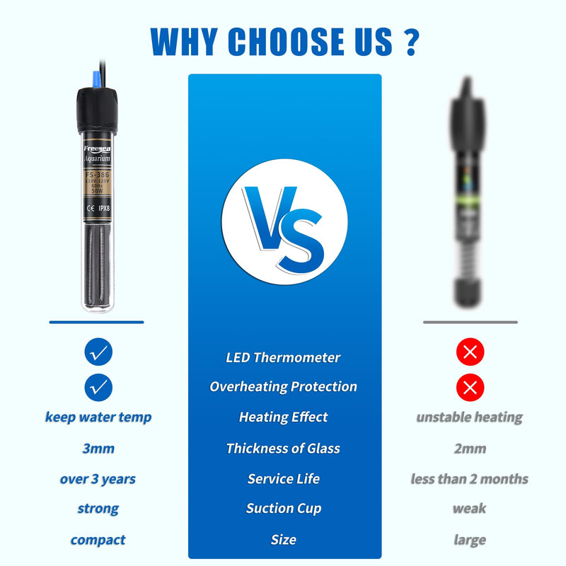 FREESEA 50 Watt Aquarium Submersible Betta Heater with Aquarium Submersible Thermometer 50Watt