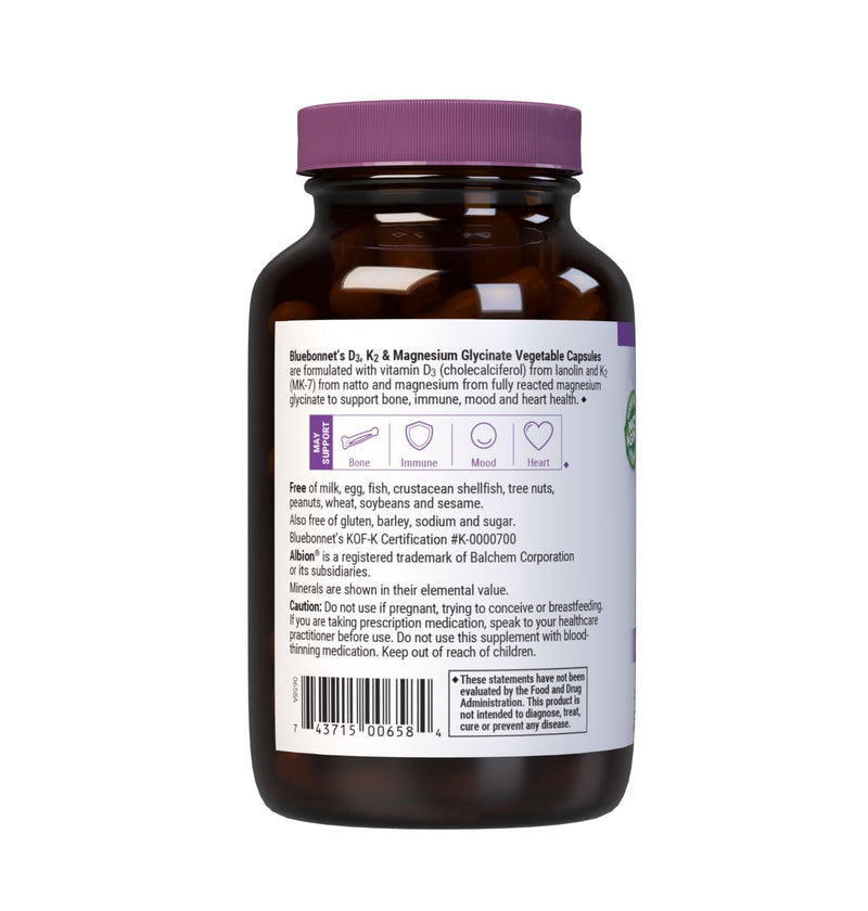 BlueBonnet Nutrition Vitamin D3 & K2 Magnesium Glycinate, 60 Count | For Bone & Heart Health; Non-GMO, Kosher, Gluten-Free