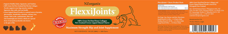 NZorganix FlexxiJoints Hip and Joint Supplement Chews for Dogs, Cats • 100% Grass-Fed Beef Bone Collagen New Zealand Green-Lipped Mussels • 100 Chews