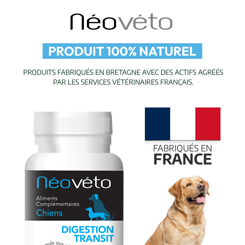 NEOVETO - Digestion Transit - 30 natural tablets for Dogs - Intestinal hygiene - Active ingredients approved by French Veterinary Services - Made in France - Easy to administer