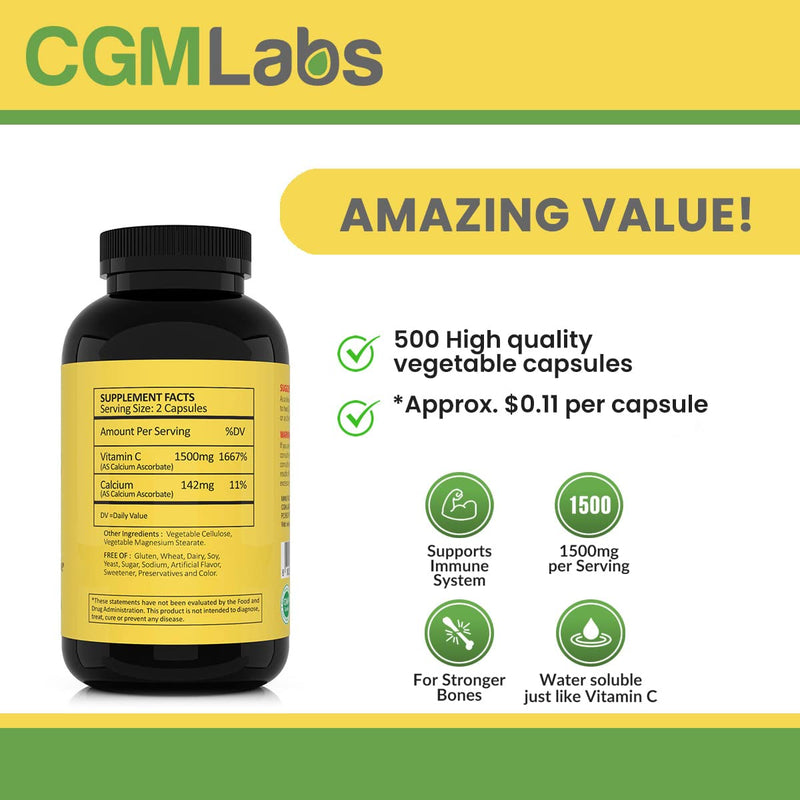 Non-Acidic Vitamin C 1500mg with Calcium - 500 Vegetable Capsules