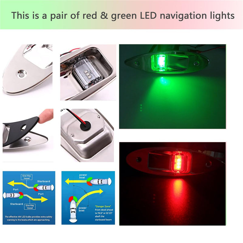 Marine 12V LED Shark Eye Navigation Lights, Waterproof, Boat Sides Teardrop Navigation Light, Yacht Bow Light Flush Mount, Pontoon Bright Signal Warning Lamps DC, Stainless, Red&Green 1 Pair