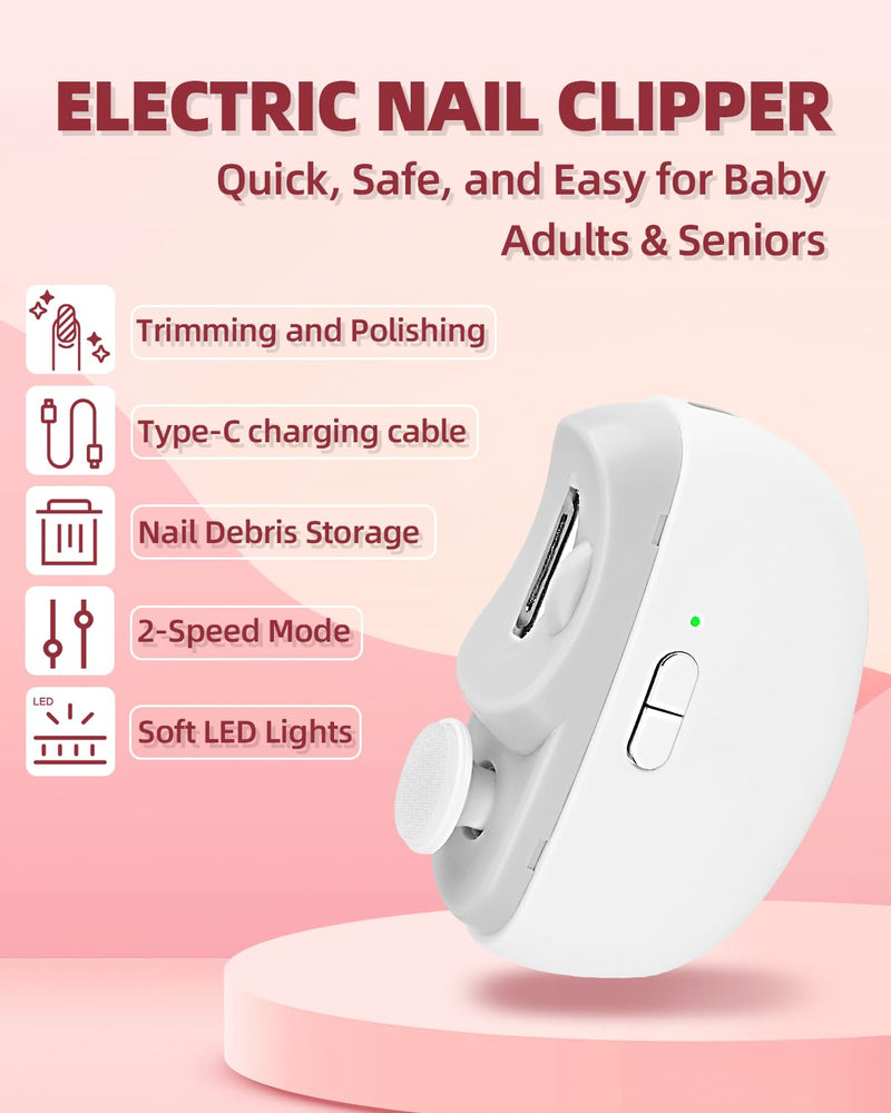 2026 Upgraded Electric Nail Clipper, 3 in 1 Automatic Nail Trimmer and Polisher with LED Light & Clip Storage,USB Rechargeable - 2 Speeds Electric Nail File for Baby, Adults, Seniors W