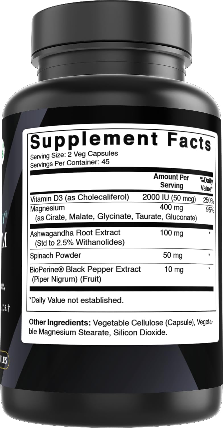 Best Naturals Day-to-Day Magnesium Supplement 400 mg 90 Veg Capsules - Made with Vitamin D3, Ashwagandha Root Extract, Spinach & BioPerine