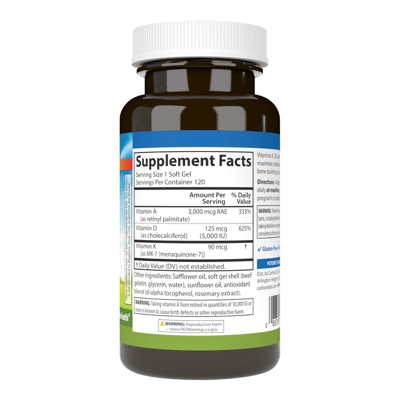 Carlson Vitamins A, D3, K2, 120 Soft Gels | 3000 mcg RAE Vitamin A; 125 mcg Vitamin D3; 90 mcg Vitamin K2 as MK-7; Bone Building; Calcium Utilization 120 Count (Pack of 1)