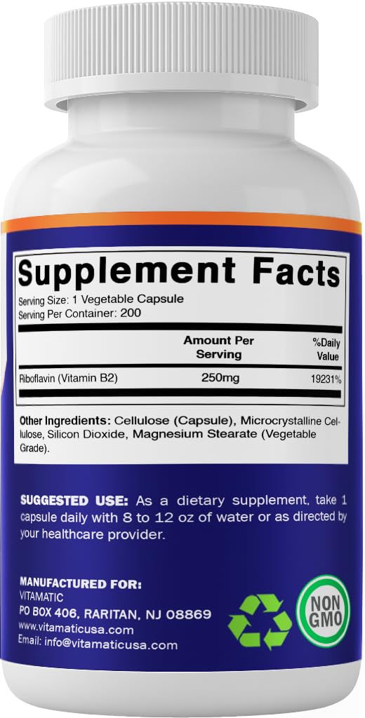 Vitamatic Vitamin B2 (Riboflavin) 250 mg, 200 Vegetarian Capsules (2 Pack) | Supports Energy Metabolism, Healthy Skin & Eye and Antioxidant*, Non GMO, Gluten Free, Made in USA