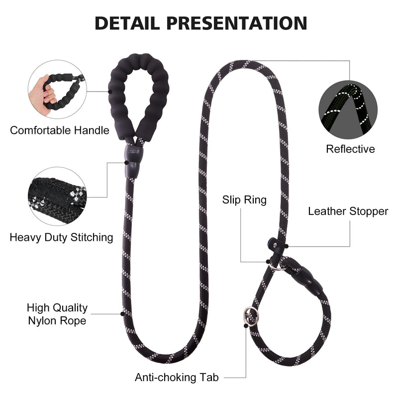 Slip Leads Dog Leash - 4/5/6 FT Slip Leash with Comfortable Handle - Reflective & Heavy Duty Rope Training Leash (1/2''- 4FT, Black) 1/2''- 4FT - BeesActive Australia