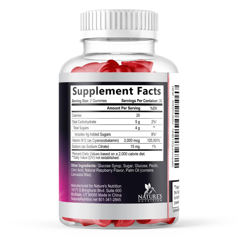 Vitamin B12 Energy Gummies - 3000 mcg per Serving Extra Strength B 12 Gummy for Metabolism, Immune Support - Chewable Dietary B-12 Supplements, Natural Caffeine Free Gummy, Berry Flavor - 60 Gummies 60 Count (Pack of 1)