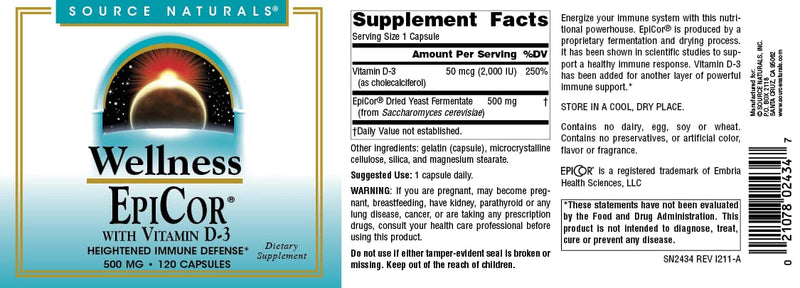 Source Naturals, Wellness, EpiCor with Vitamin D-3-120 Capsules | Supports Heightened Immune Defense