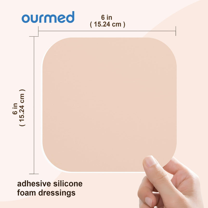 Ourmed Soft Flex Silicone Foam Dressings(6"x 6", Pack of 10) Sterile, Highly Absorbent, Waterproof, No Border, Wound Care for Bed Sores, Pressure Ulcers 6x 6 Inch with no border