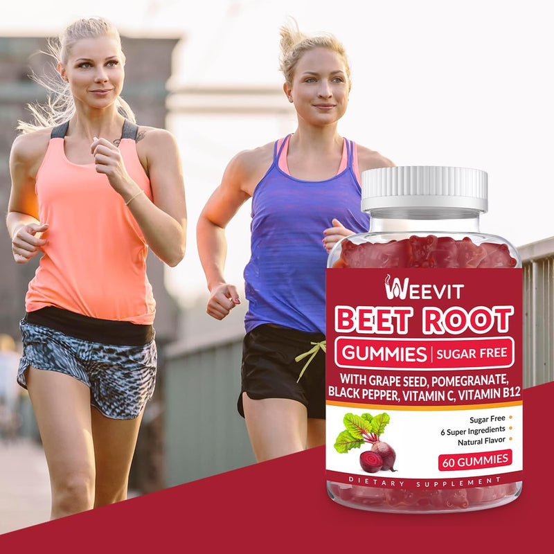 WEEVIT Beet Root Gummies, Nitric Oxide Supplement for Men Women, Beet Chews | Grape Seed, Pomegranate, Black Pepper, Vitamin C, B12 60 Count (Pack of 2)