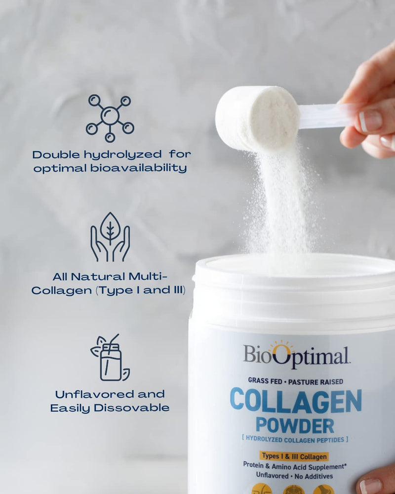 BioOptimal Grass-Fed Hydrolyzed Collagen Powder, Unflavored, Skin & Joints | Hydrolyzed Type I & III; 10g per scoop; 45 servings; non-GMO; gluten-free; no sugar or preservatives; GMP certified