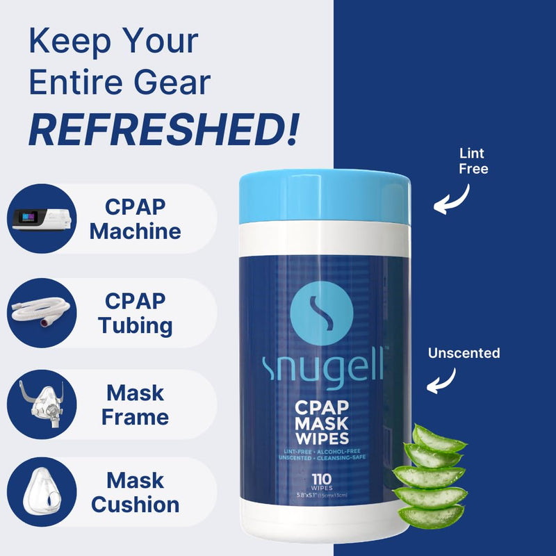 Snugell Unscented CPAP Mask Wipes ‚Äì 110 Count ‚Äì100% Soft Cotton ‚Äì Lint & Alcohol-Free ‚Äì Skin-Safe Formula with Aloe Vera ‚Äì Easy-to-Open Canister ‚Äì Perfect for Cleaning CPAP Masks, Tubes, and Devices 110 Count (Pack of 1)