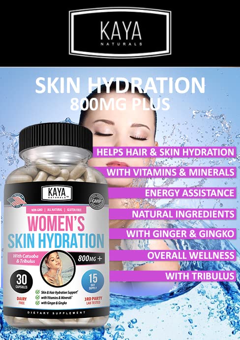 Kaya Naturals Skin Hydration Vitamins - Female Pills - Skin Enhancer Capsules -Hydration Booster for Women - Promotes Increased Energy, Mood & Stamina - Reduction in Dryness - 30 Veggie Capsules