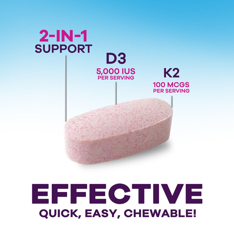 Vitamin D3 K2 - 5000 IU Vitamin D3 & 100 mcg Vitamin K2 MK-7 per Serving - Bone, Heart, & Immune Health Support - Calcium Absorption - D3K2 Berry Chew, Gluten Free, Non-GMO, Bottled USA - 60 Tablets 60 Count (Pack of 1)