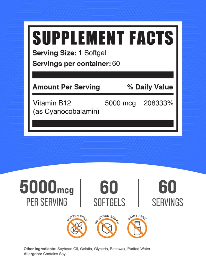 BulkSupplements.com Vitamin B12 5000 mcg Softgels - as Cyanocobalamin, Vitamin B12 Supplements, for Energy Support - Gluten Free, 1 Softgel per Serving, 60 Count (Pack of 1) 60 Count (Pack of 1)