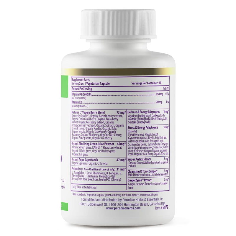 Paradise Herbs & Essentials Vitamin D3 + K2, 90 Vegetarian Capsules | Earth's Blend with probiotics, organic alkalizing greens, veggies and berries, a superfoods base for daily use 90 Count (Pack of 1)