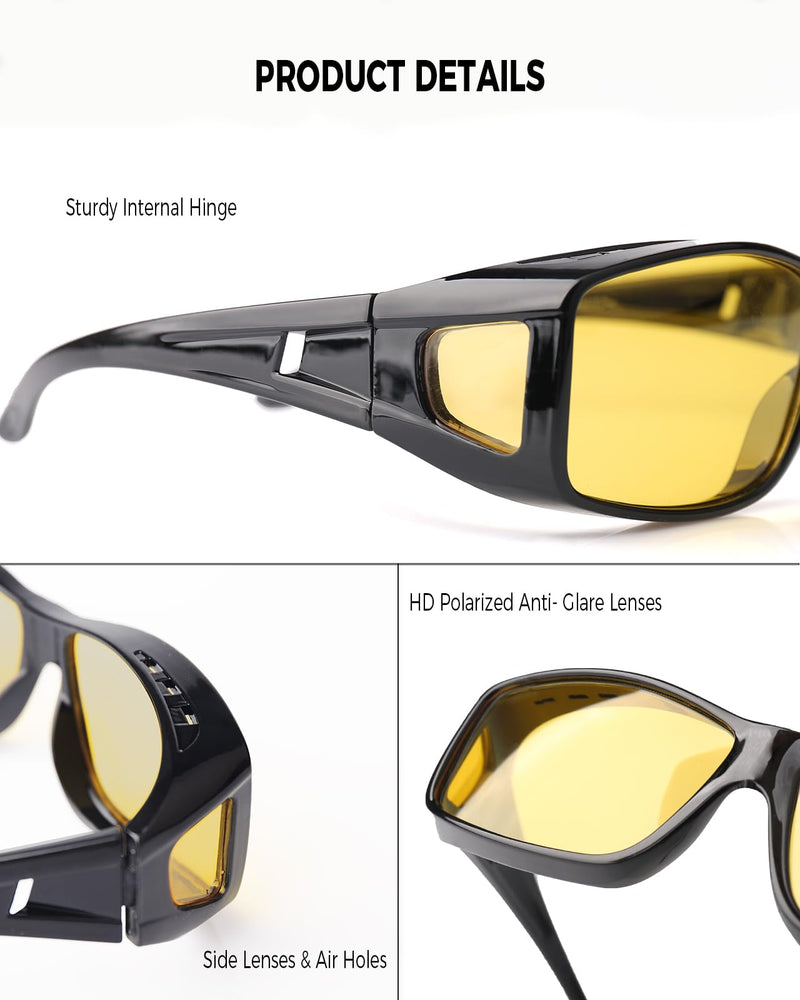 Night Driving Glasses for Men Women Fit Over Sunglasses Anti Glare Polarized HD Night Vision Glasses A02 Glossy Black Frame/ Yellow Night Vision Lens - BeesActive Australia