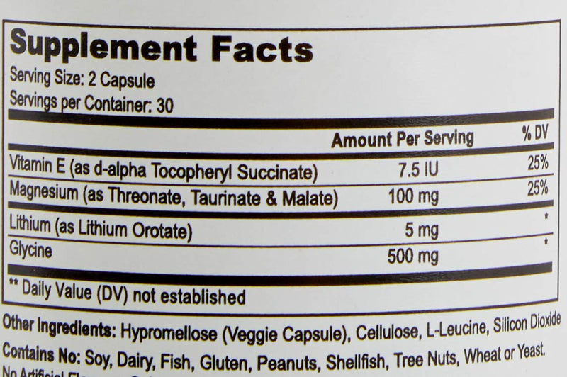Lithium Orotate 5mg + Tri-Magnesium Threonate, Taurinate, Malate + Glycine + Vitamin E, 60 Vegetarian Capsules (Pack of 2) 60 Count (Pack of 2)