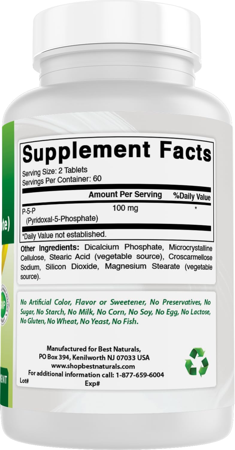 Best Naturals P5P Vitamin B6 (Pyridoxal 5 Phosphate) 100 mg/Serving - 120 Tablets - an Active Form of Vitamin B6. 120 Count (Pack of 1)
