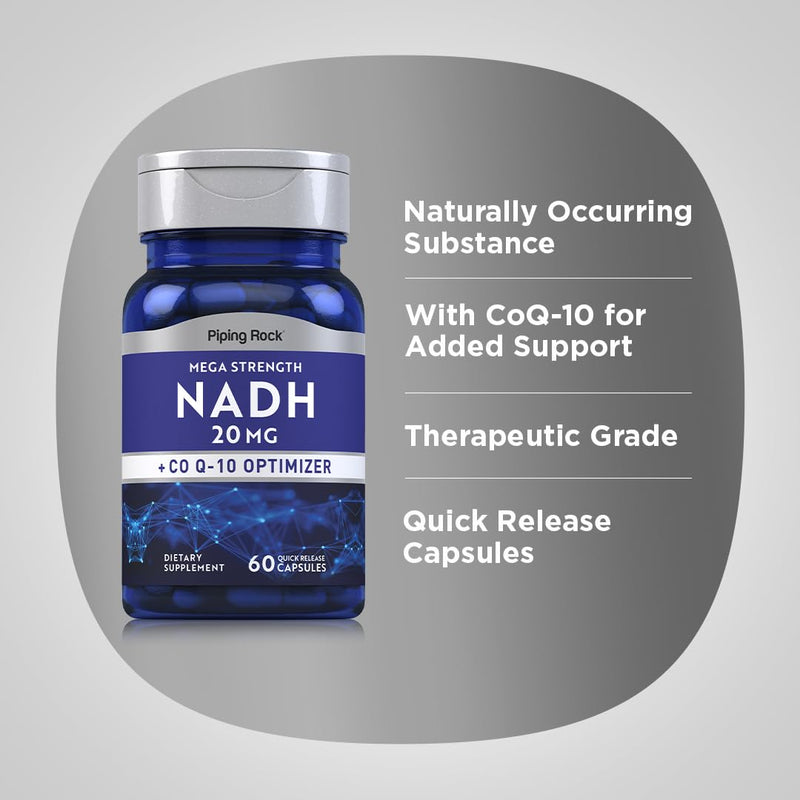 Piping Rock NADH Coq10 Supplement | 20 mg | 60 Capsules | Mega Strength | Non-GMO, Gluten Free