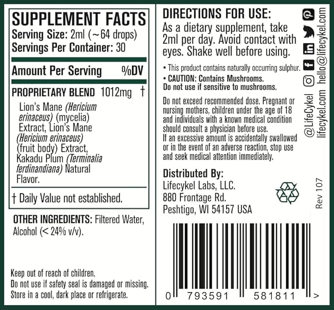 Life Cykel - Lion's Mane Mushroom Extract with Kakadu Plum - Brain Booster Nootropic for Memory, Focus & REM Sleep - Non-GMO, Organic Mushroom Tincture - 4 Fl Oz (60 Servings) 4 Fl Oz (Pack of 1)