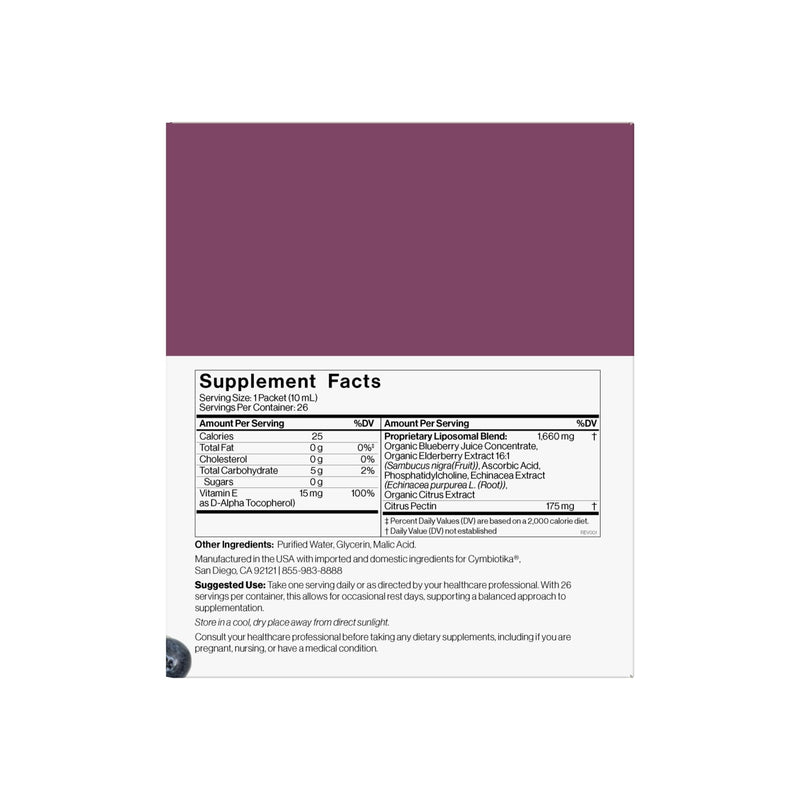 CYMBIOTIKA Liposomal Elderberry with Vitamin E for Immune Support | Organic elderberry with vitamin E for antioxidant & immune support. Liposomal absorption. Vegan, gluten free. 26 packets.