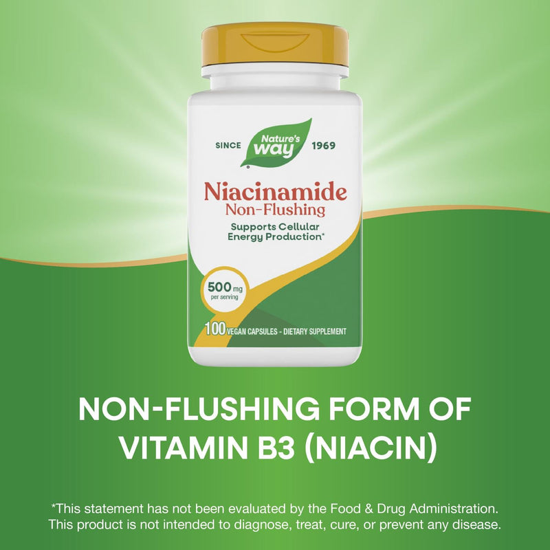 Nature's Way Niacinamide - Niacinamide Capsules with Non-Flushing Vitamin B3 - Supports Cellular Energy* - 500mg per Serving - Gluten-Free & Vegan - 100 Count (100 Servings) Unflavored 100 Count (Pack of 1)