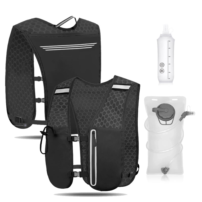 Unisex Running Vest Running Backpack - Adjustable Size Lightweight Trail Hydration Vest with 2L Bladder & 500ml Soft Flask, Mesh, Large Phone Pocket for Night Walking, Marathon(Reflective Strips)