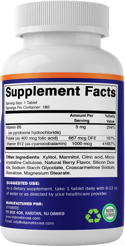 Vitamatic Folic Acid, Vitamin B12 & B6 – 180 Fast Dissolve Tablets Heart Health, Energy Production & Red Blood Cell Support (Pack of 2) 180 Count (Pack of 2)