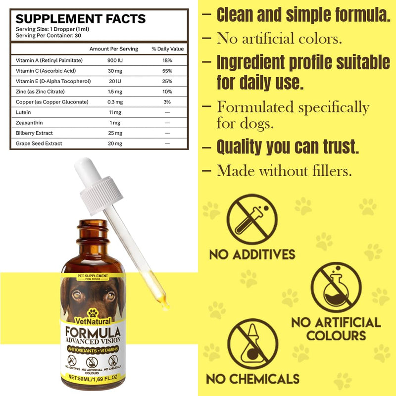 VetNatural Advanced Vision Formula for Dogs, Bilberry Extract + Lutein + Zeaxanthin, Supports Clear Vision & Helps Support Eye Clarity in Dogs with Cloudy-Looking Eyes, 50ml (1.69 fl oz)