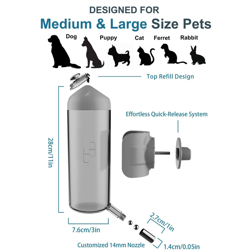 Pet Water Bottle Hanging Dog Water Dispenser Kennel Drinker Kettle Feeder BPA Free Cage Crate Hutch Puppy Cat Rabbit (24oz, Gray) 24oz - BeesActive Australia