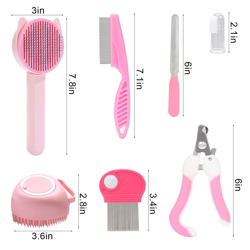 VCZONE 8 Pcs Cat Brush Grooming Kits, Pet Self Cleaning Kit with Pet Nail Clipper and File, Flea Comb, Pet Shampoo Bath Brush, Pet Shedding Brush, Silicone Toothbrush (Pink) Pink - BeesActive Australia