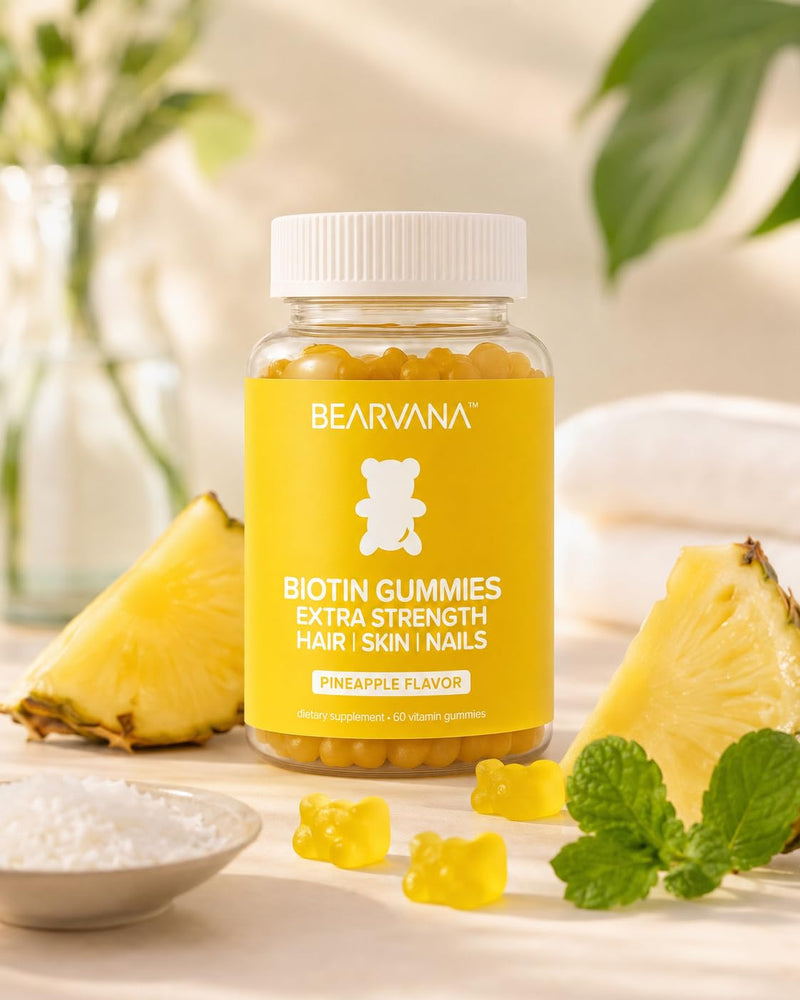 BEARVANA Biotin Gummies Extra Strength | Hair Skin & Nails Vitamins with Biotin, Vitamin C, E, B6 & B12 | Vegan Gummy Vitamins | Pineapple Flavor | 60 Gummies