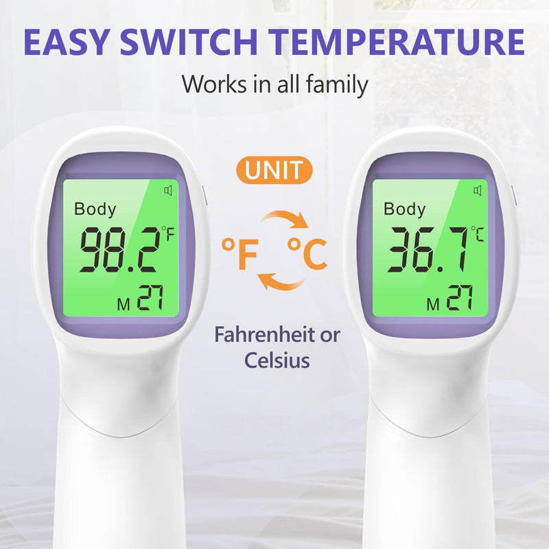 No-Touch Forehead Thermometer for Adults and Kids, Digital Thermometer with Fever Alarm, 3 Backlit and 32 Memories Fast Accurate Results, Easy for All Ages, Basal Thermometer Purple
