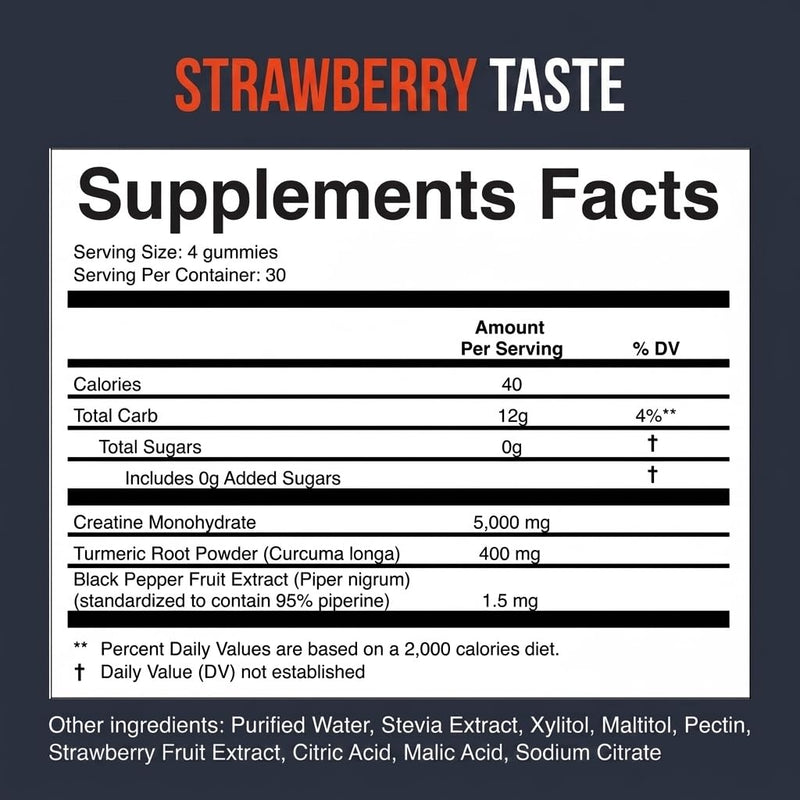 Creatine Monohydrate Gummies 5000 mg per Serving, Strawberry Flavor, with Turmeric Root & Black Pepper, Sugar Free, Vegan Creatine Gummies, 120 Gummies, 30 Servings 120 Count (Pack of 1)